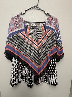 AGB Black Geometric Overlay Tunic with Blue and Red Stripes
